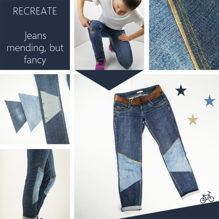 Verschiedene Schritte um Jeans für Erwachsene zu flicken